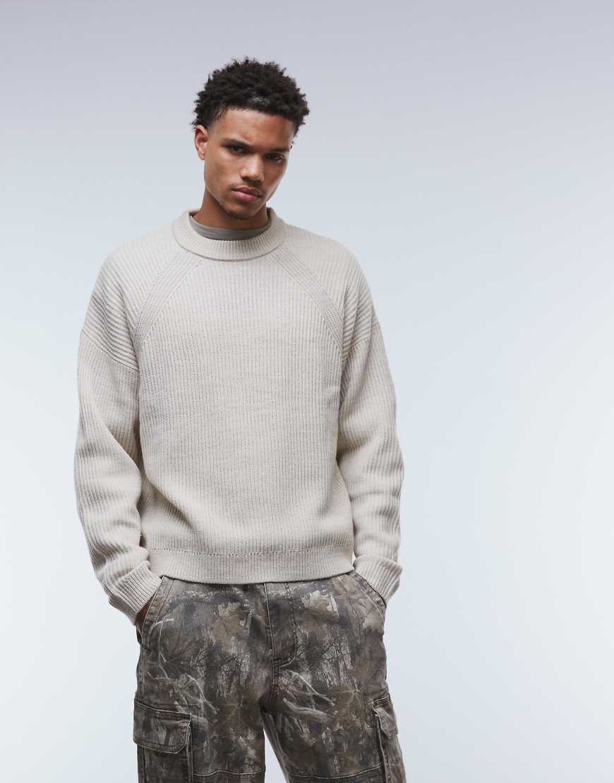 ASOS DESIGN - Kastiger, gerippter Oversize-Strickpullover in Steinbeige meliert mit Patentmuster-Neutral von ASOS DESIGN