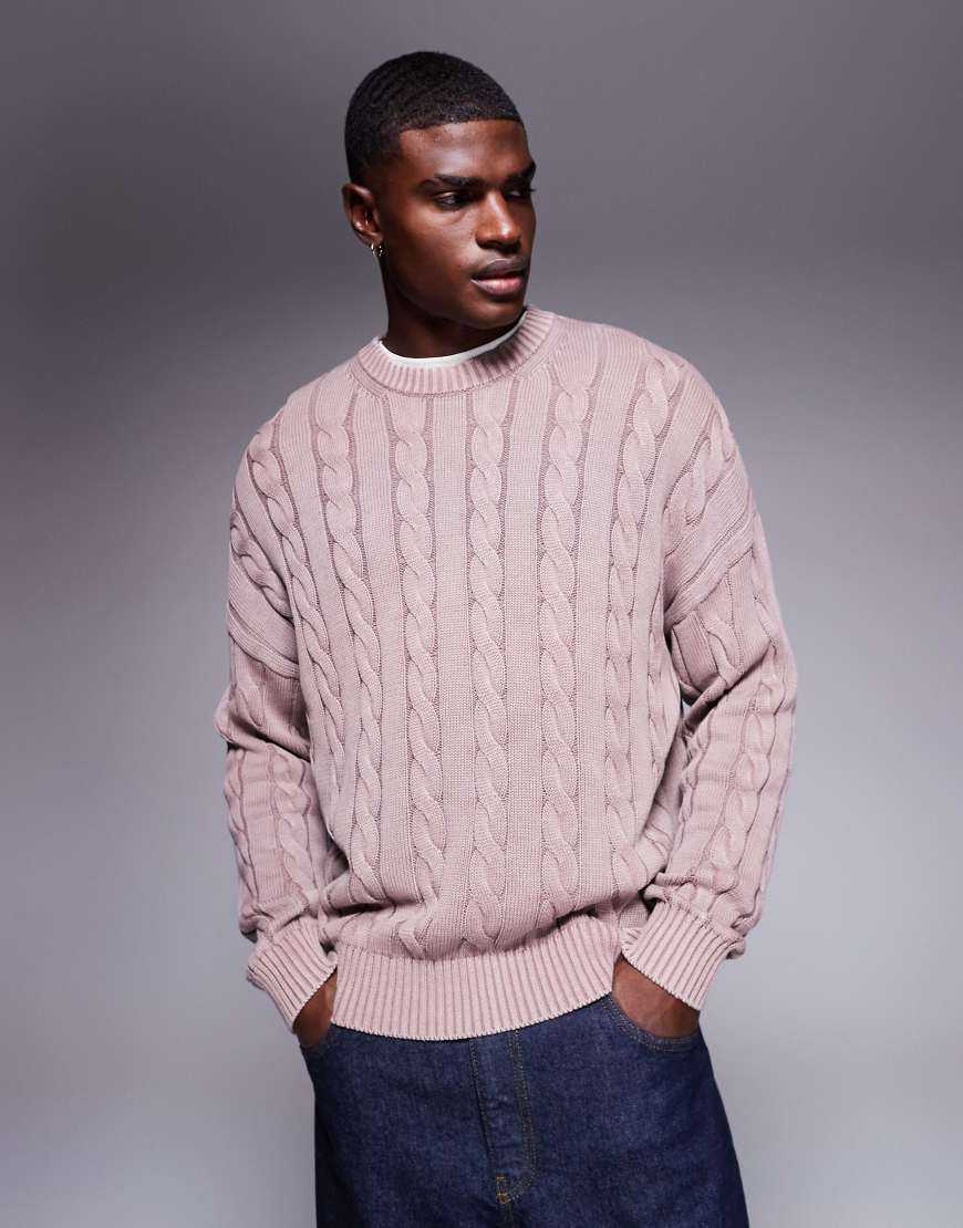 ASOS DESIGN - Oversize-Strickpullover in verwaschenem Rosa mit Zopfmuster von ASOS DESIGN