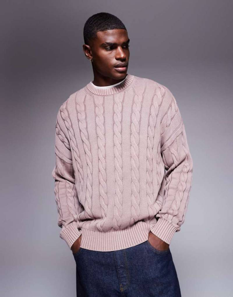 ASOS DESIGN - Oversize-Strickpullover in verwaschenem Rosa mit Zopfmuster von ASOS DESIGN