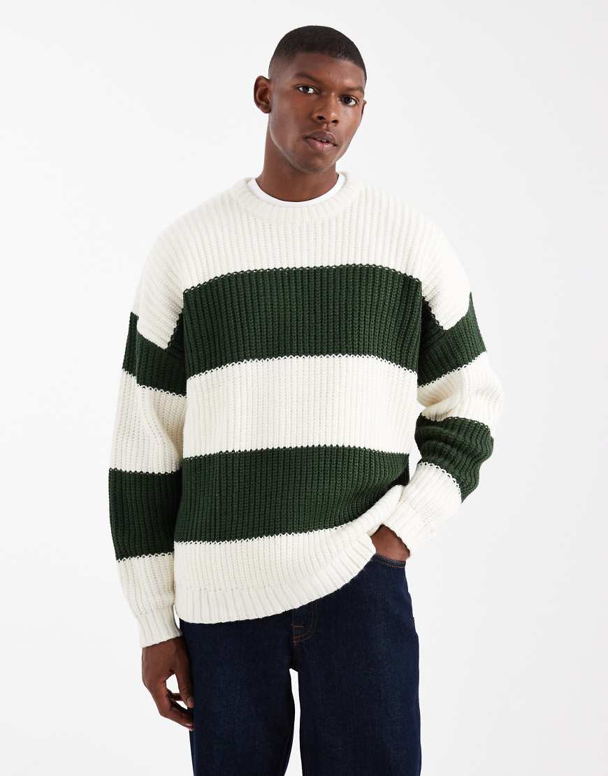 ASOS DESIGN - Oversize-Strickpullover mit Rundhalsausschnitt und grünen und ecrufarbenen Streifen-Bunt von ASOS DESIGN