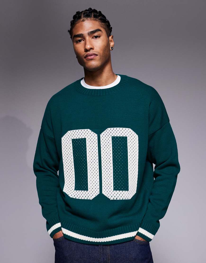 ASOS DESIGN - Oversize-Strickpullover mit Struktur und 00-Grafik in Dunkelgrün von ASOS DESIGN