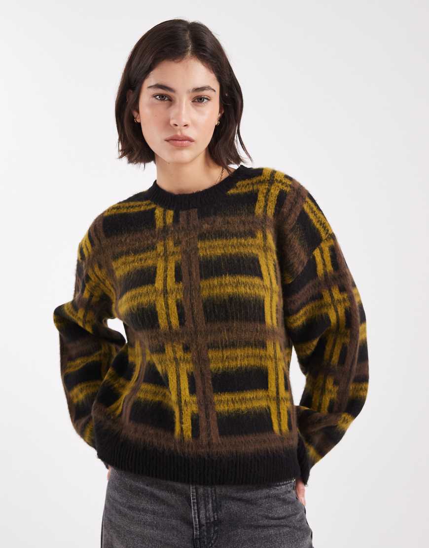 ASOS DESIGN - Oversize-Strickpullover mit angerautem Karomuster in Khaki-Bunt von ASOS DESIGN