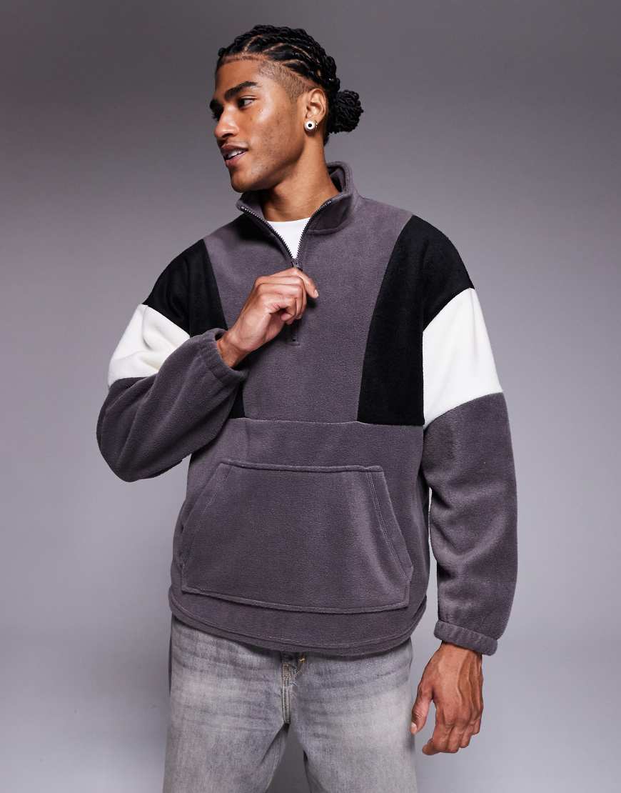 ASOS DESIGN - Oversize-Sweatshirt aus Fleece in Grau mit Trichterausschnitt und Farbblockdesign von ASOS DESIGN