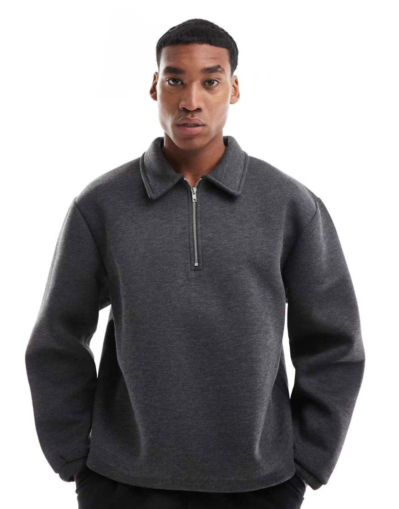 ASOS DESIGN - Oversize-Sweatshirt aus Scuba-Material in meliertem Anthrazit mit kurzem Reißverschluss-Grau von ASOS DESIGN