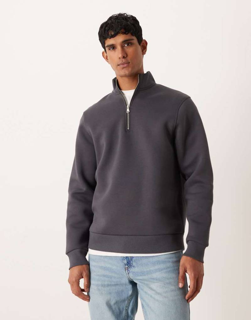 ASOS DESIGN - Relaxed-Fit-Sweatshirt in Anthrazit aus schwerem Stoff in Neoprenoptik mit kurzem Reißverschluss-Grau von ASOS DESIGN