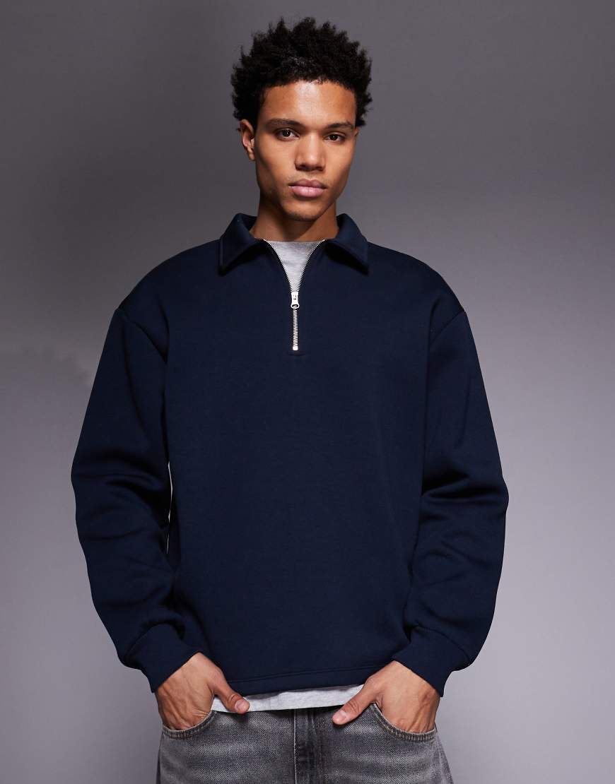 ASOS DESIGN - Oversize-Sweatshirt in Marineblau mit kurzem Reißverschluss, Kragen und festgenähtem Saum von ASOS DESIGN