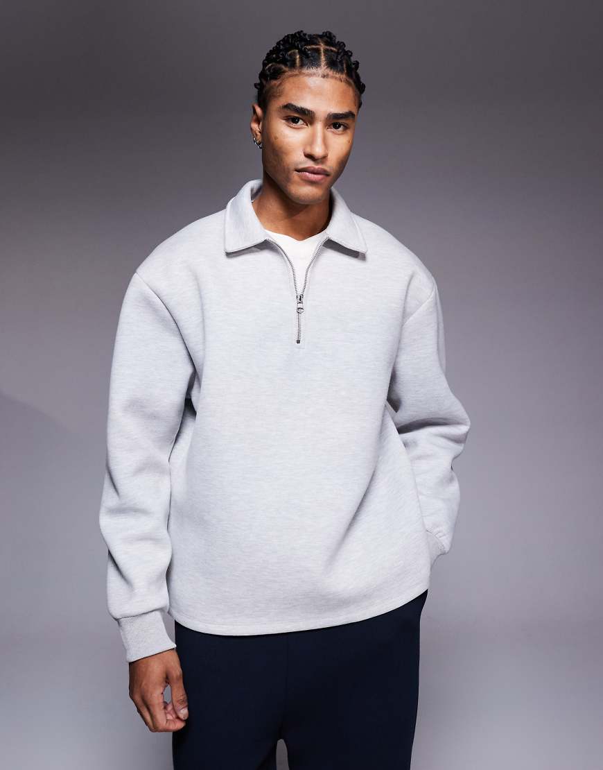 ASOS DESIGN - Oversize-Sweatshirt in grau meliert mit kurzem Reißverschluss, Kragen und festem Saum von ASOS DESIGN
