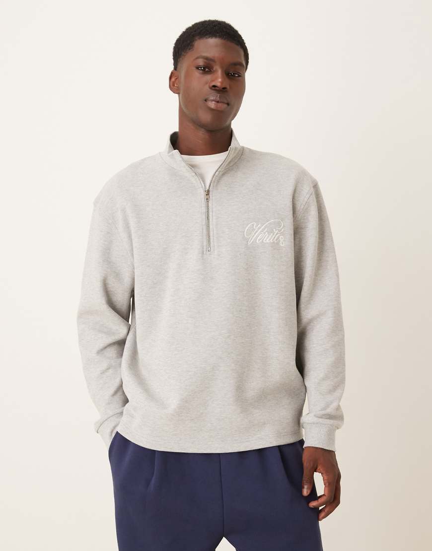 ASOS DESIGN - Oversize-Sweatshirt in meliertem Grau mit halblangem Reißverschluss und Stickerei auf der Brust, Kombiteil von ASOS DESIGN