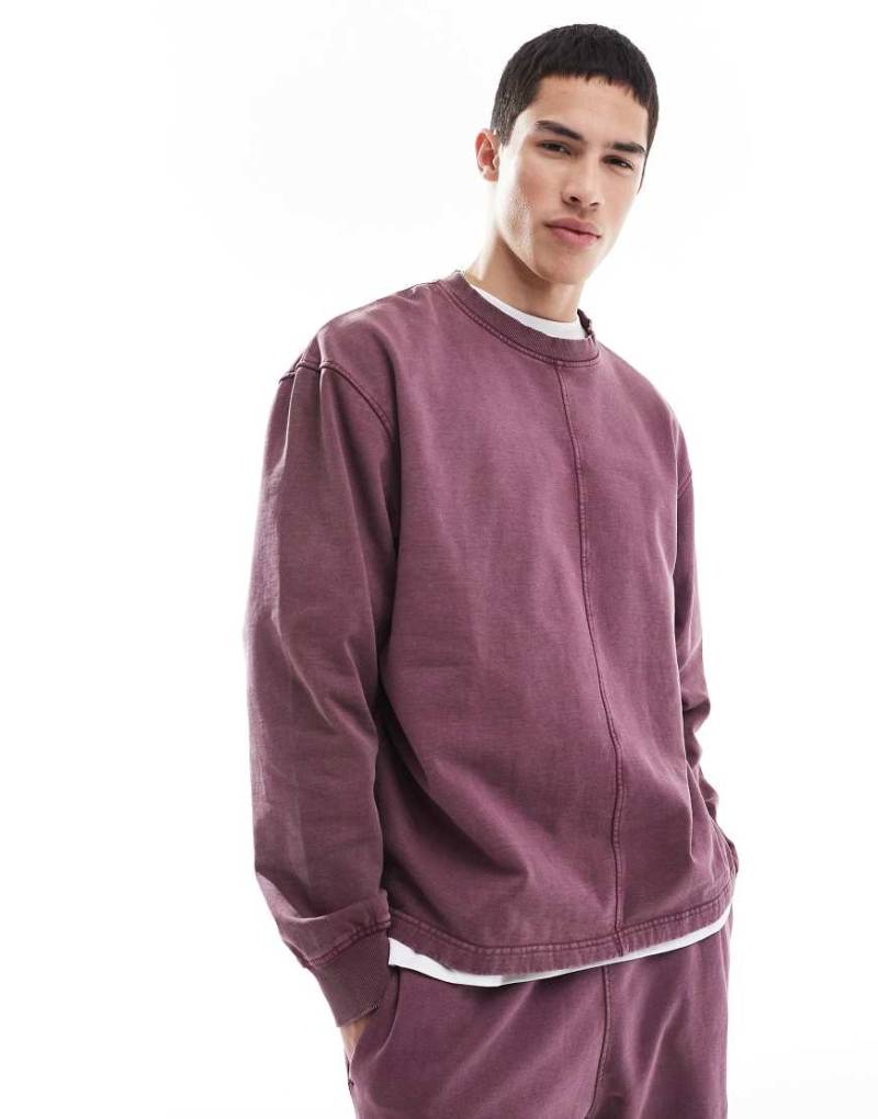 ASOS DESIGN - Oversize-Sweatshirt in verwaschenem Burgunderrot mit Ziernähten, Kombiteil von ASOS DESIGN