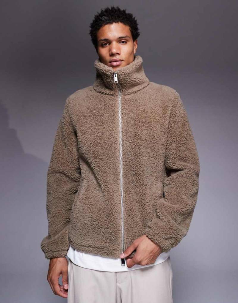 ASOS DESIGN - Oversize-Sweatshirtjacke in Beige aus Teddyfell mit Trichterkragen und Reißverschluss-Neutral von ASOS DESIGN