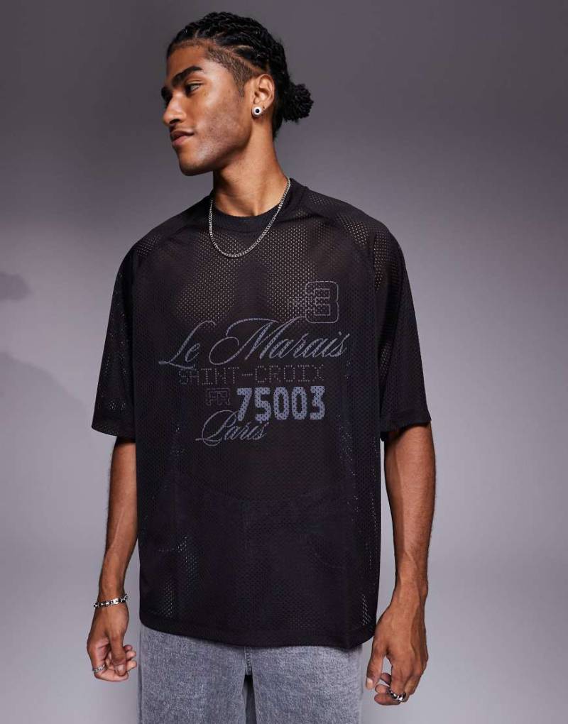 ASOS DESIGN - Oversize-T-Shirt aus Airtex in Schwarz mit „Le Marais"-Print von ASOS DESIGN