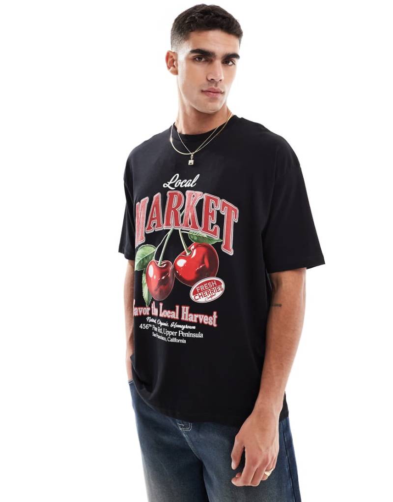 ASOS DESIGN - Oversize-T-Shirt aus schwerem Stoff in Schwarz mit Frucht-Grafikprint von ASOS DESIGN