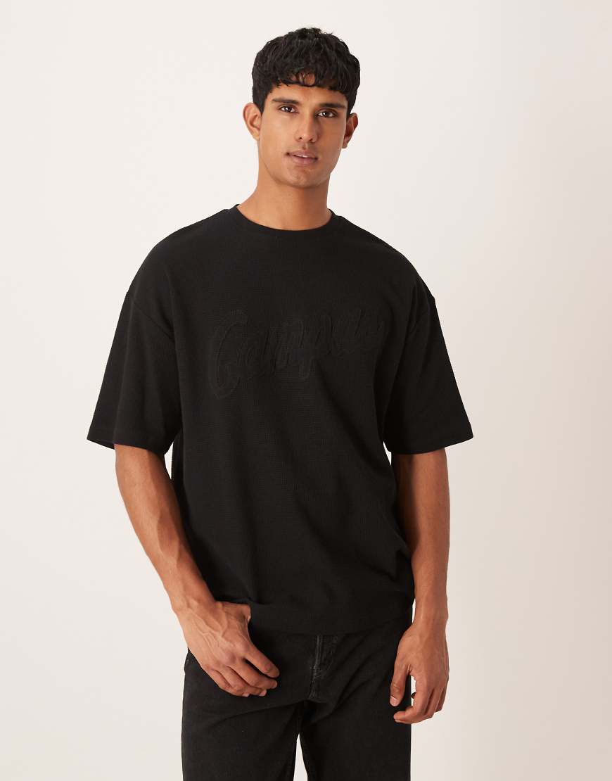 ASOS DESIGN - Oversize-T-Shirt aus schwerem Stoff mit Waffelstruktur und Textapplikation-Grau von ASOS DESIGN