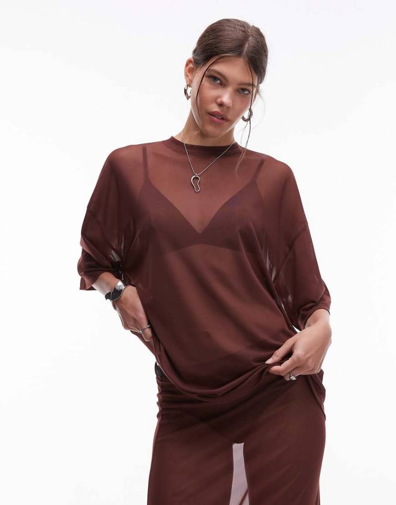 ASOS DESIGN - Oversize-T-Shirt aus transparentem Netzstoff in Braun, Kombiteil-Brown von ASOS DESIGN