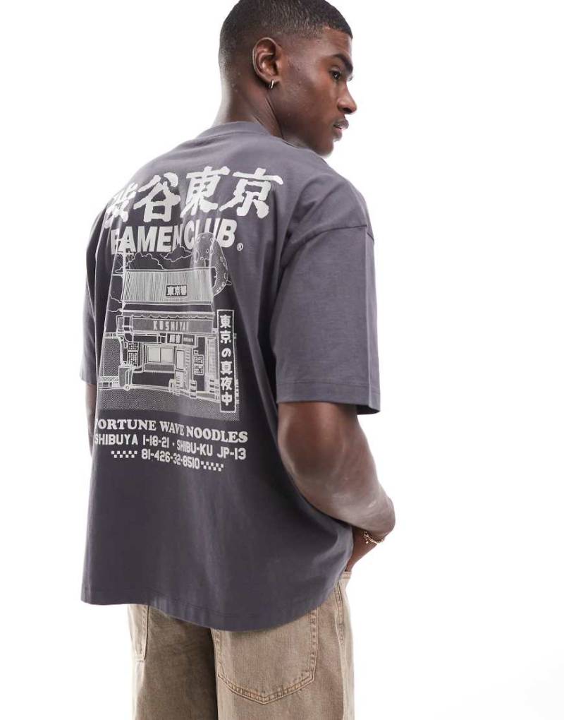 ASOS DESIGN - Oversize-T-Shirt in Anthrazit mit „Ramen Club"-Print auf Brust und Rücken-Grau von ASOS DESIGN