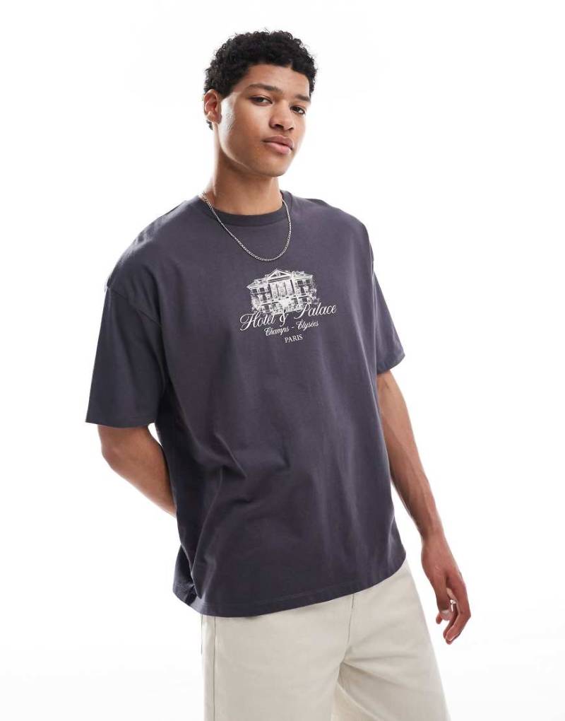 ASOS DESIGN - Oversize-T-Shirt in Anthrazit mit City-Print-Grau von ASOS DESIGN