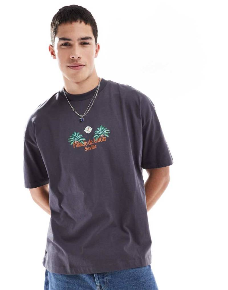 ASOS DESIGN - Oversize-T-Shirt in Anthrazit mit Landschafts-Print-Grau von ASOS DESIGN