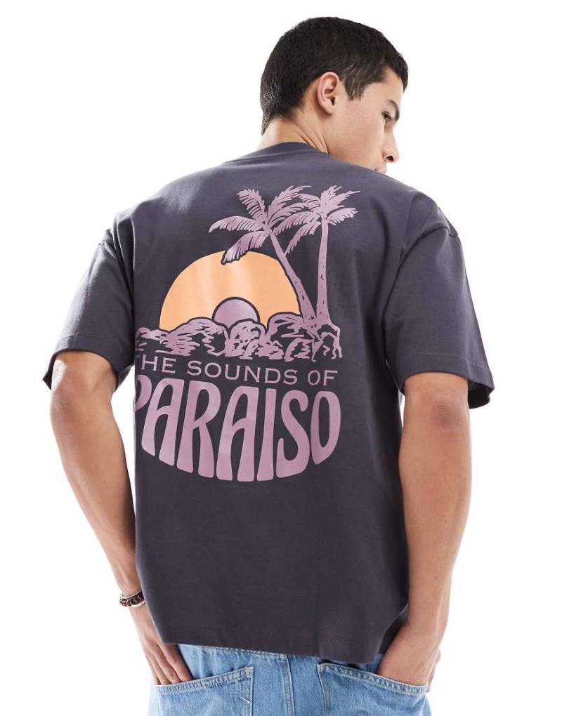 ASOS DESIGN - Oversize-T-Shirt in Anthrazit mit Palmen-Grafikprint-Grau von ASOS DESIGN