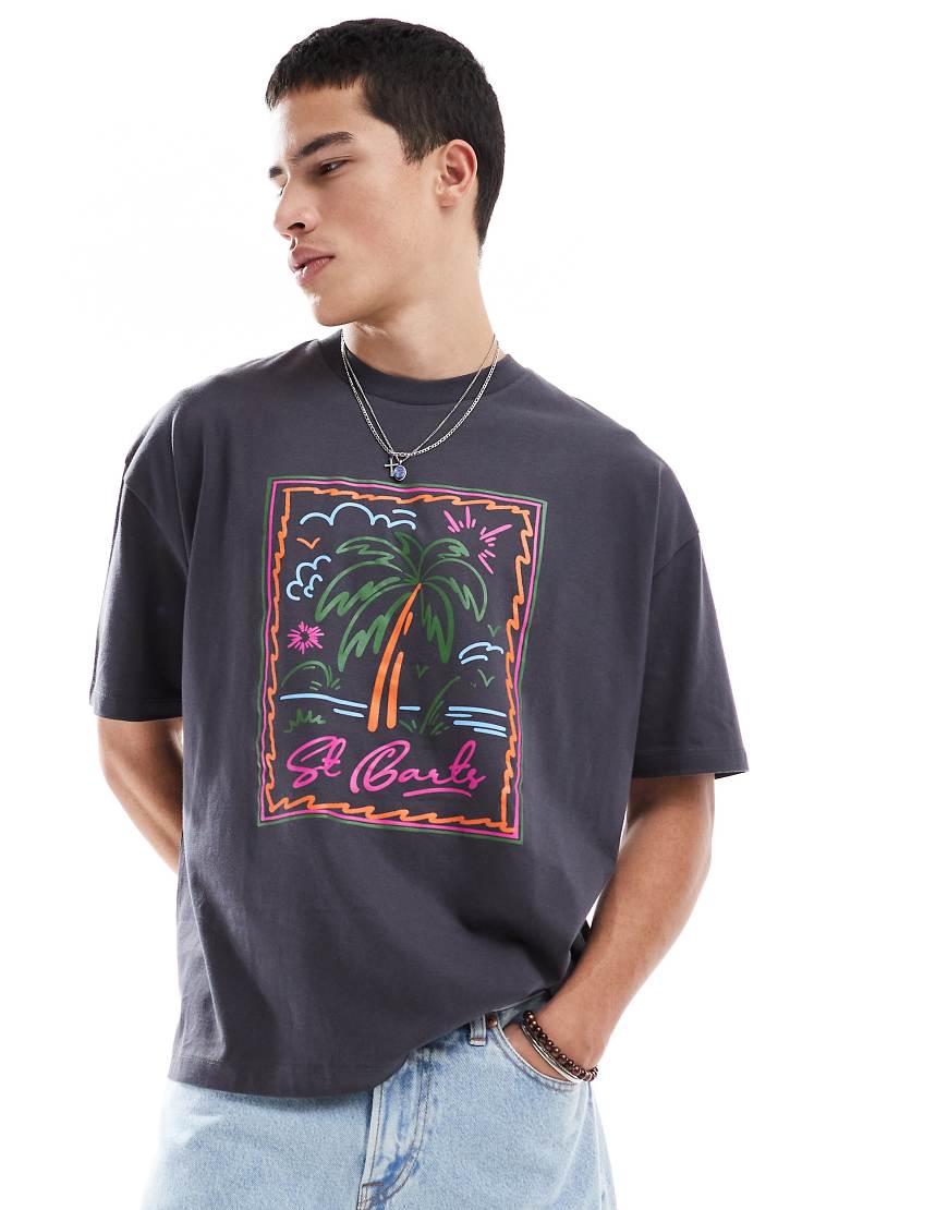 ASOS DESIGN - Oversize-T-Shirt in Anthrazit mit Palmen-Grafikprint-Grau ASOS DESIGN - Oversize-T-Shirt in Anthrazit mit Palmen-Grafikprint-Grau von ASOS DESIGN