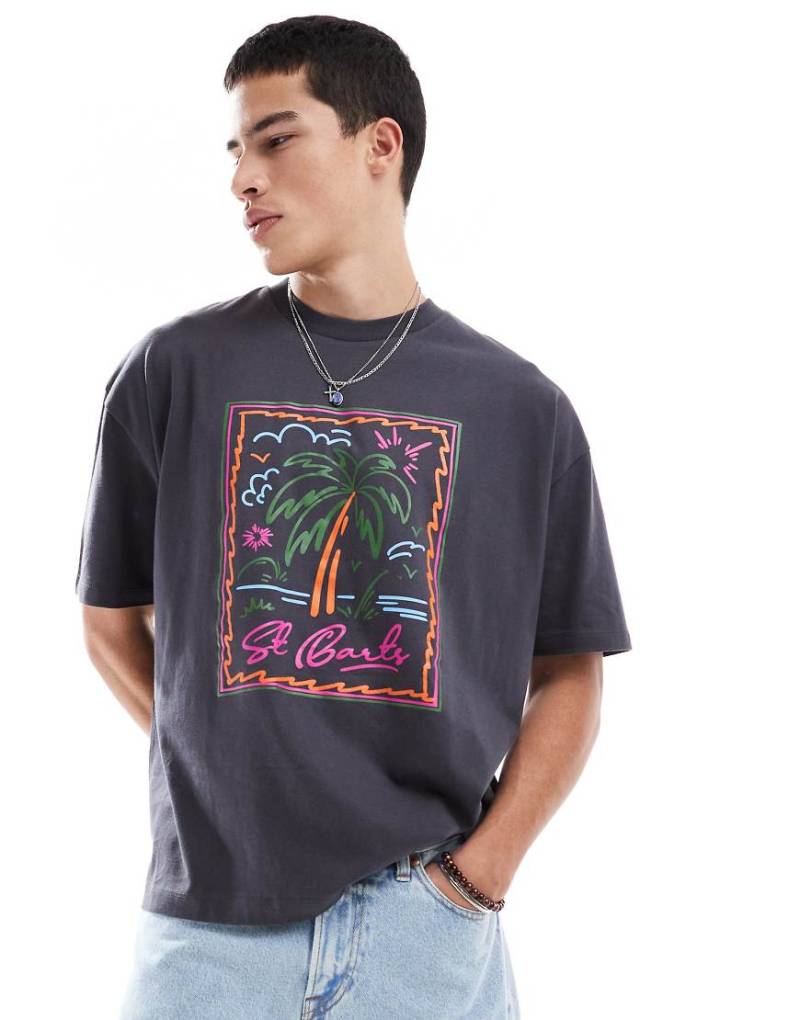 ASOS DESIGN - Oversize-T-Shirt in Anthrazit mit Palmen-Grafikprint-Grau von ASOS DESIGN