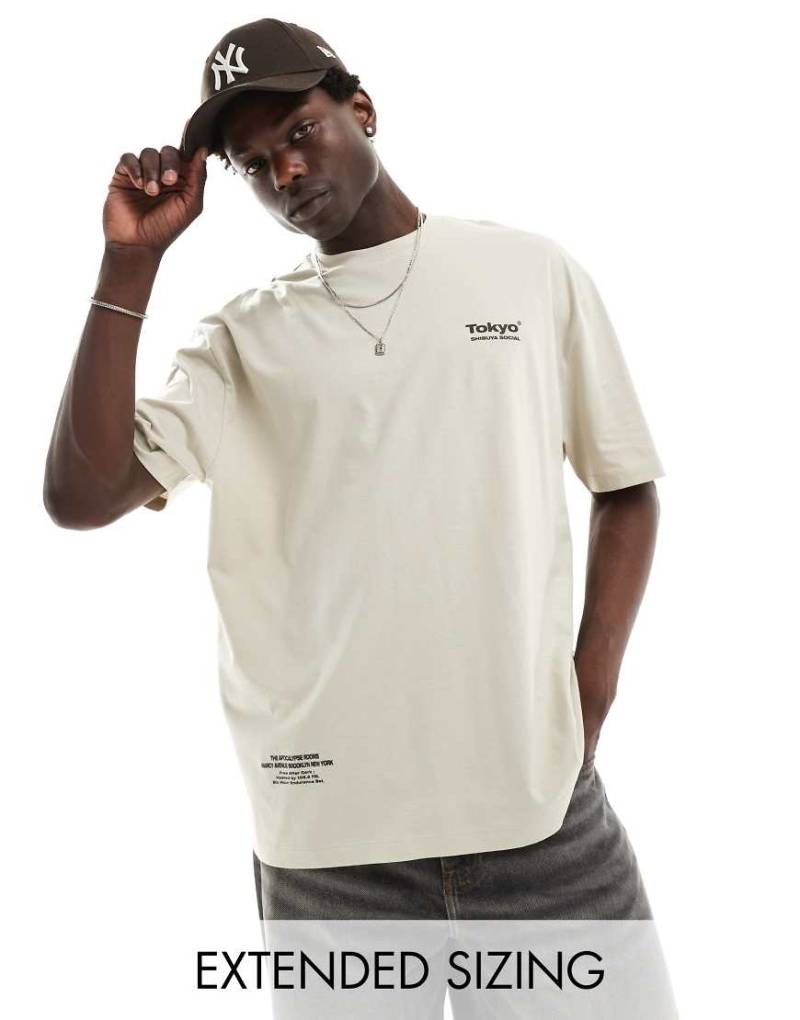 ASOS DESIGN - Oversize-T-Shirt in Beige mit „Tokyo"-Print hinten-Neutral von ASOS DESIGN