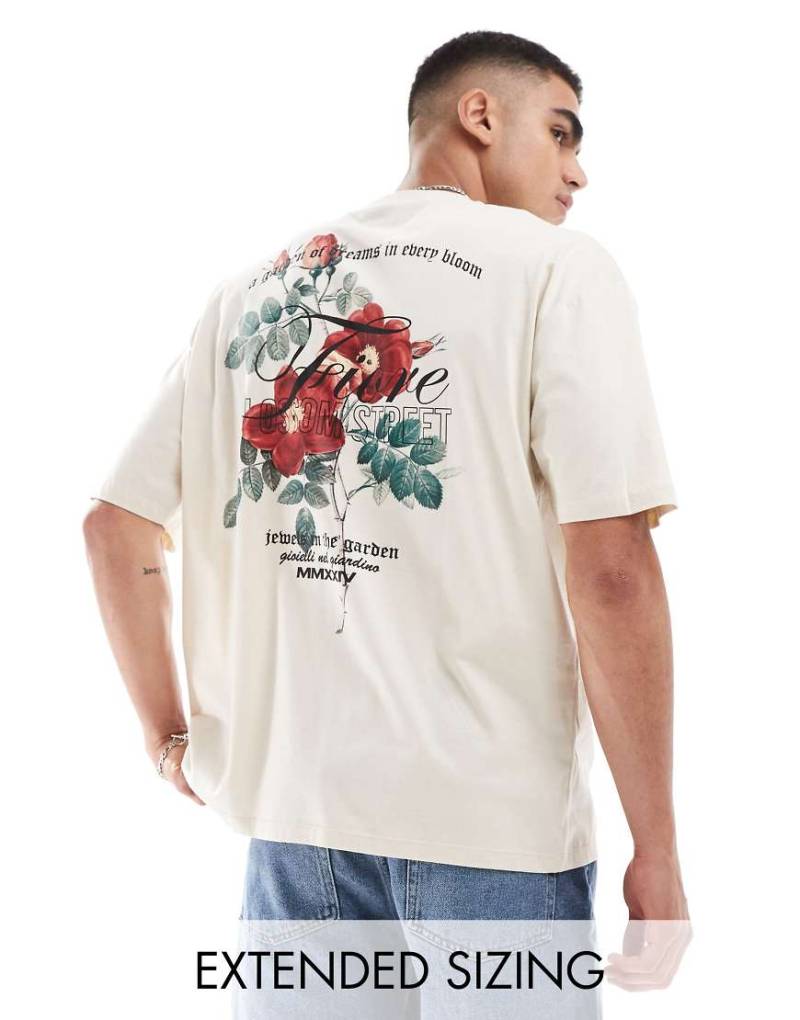 ASOS DESIGN - Oversize-T-Shirt in Beige mit Blumenmotiv hinten-Neutral von ASOS DESIGN