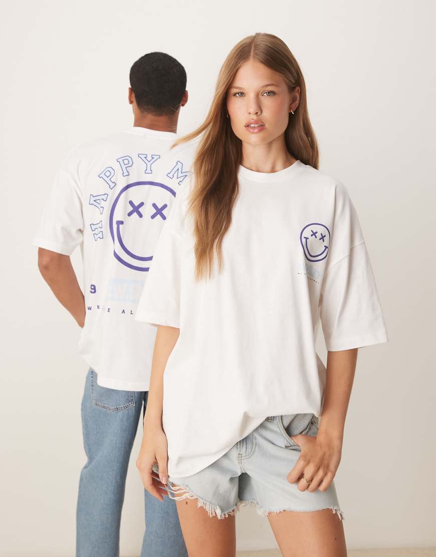 ASOS DESIGN - Oversize-T-Shirt in Blau im Unisex-Stil mit Smile-Print-Weiß von ASOS DESIGN