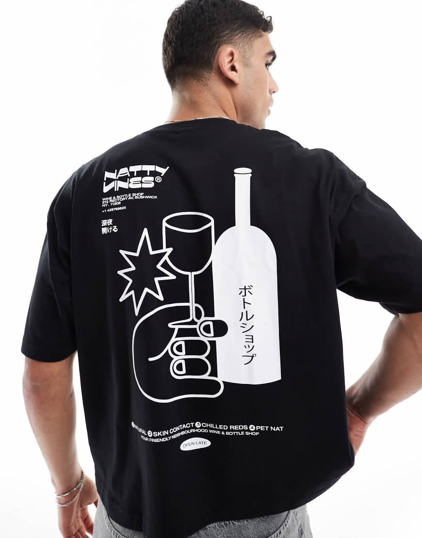 ASOS DESIGN - Oversize-T-Shirt in Boxy-Passform in Schwarz mit Drinks-Grafikprints von ASOS DESIGN