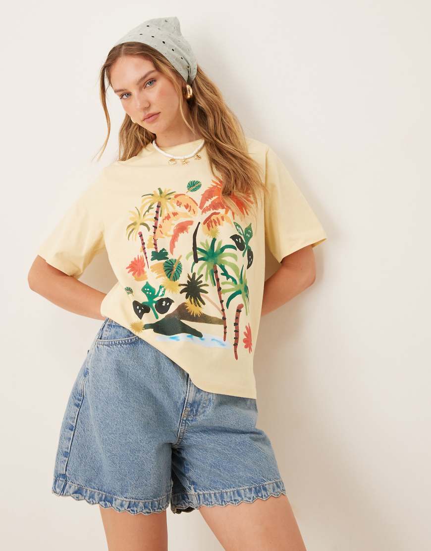 ASOS DESIGN - Oversize-T-Shirt in Buttermilchgelb mit Urlaubspalmen-Grafikprint im gemalten Look ASOS DESIGN - Oversize-T-Shirt in Buttermilchgelb mit Urlaubspalmen-Grafikprint im gemalten Look von ASOS DESIGN