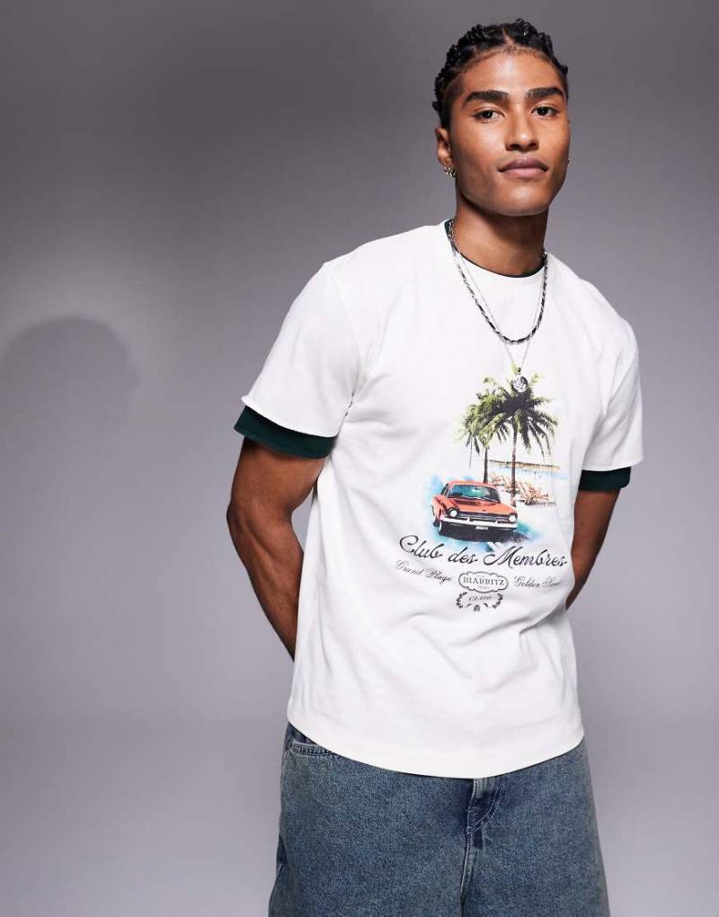 ASOS DESIGN - Oversize-T-Shirt in Creme mit Auto-Grafik und doppellagigen Ärmeln-Weiß von ASOS DESIGN