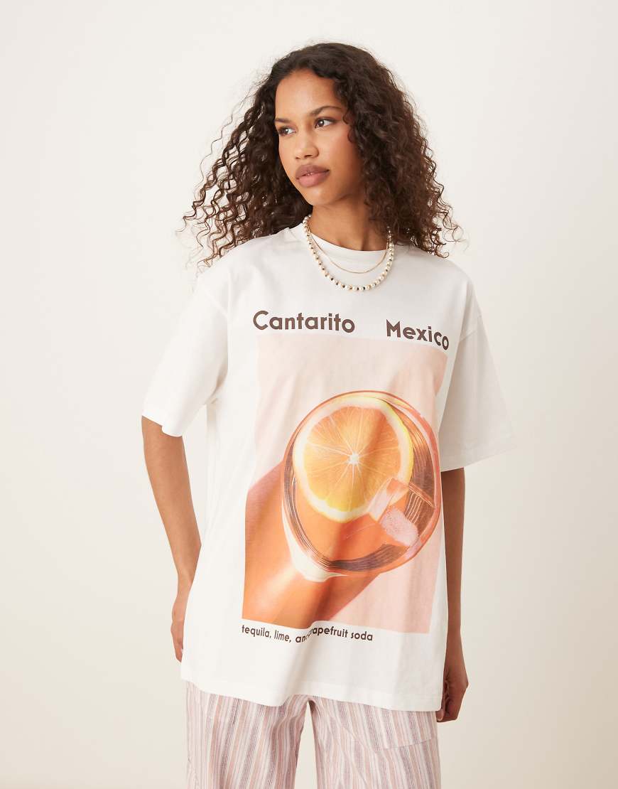 ASOS DESIGN - Oversize-T-Shirt in Creme mit Mexico-Cocktail-Print-Bunt von ASOS DESIGN