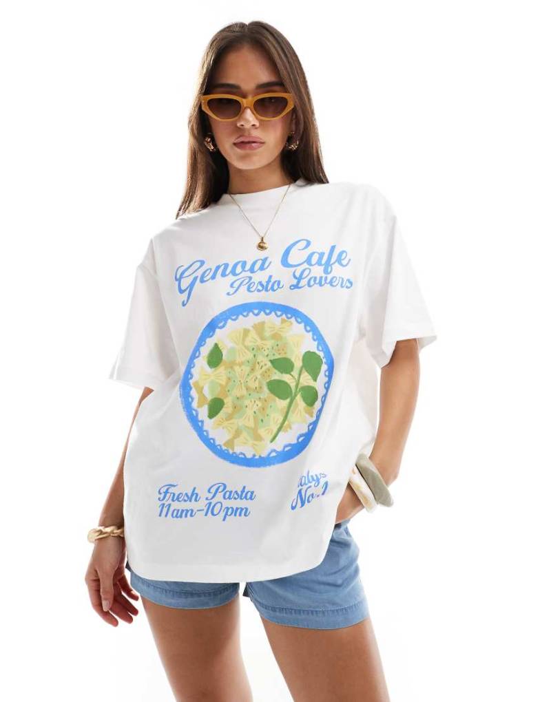 ASOS DESIGN - Oversize-T-Shirt in Cremeweiß mit Pasta-Print von ASOS DESIGN