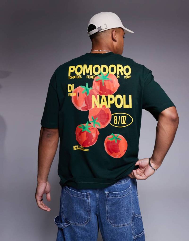 ASOS DESIGN - Oversize-T-Shirt in Dunkelgrün mit „Pomodoro"-Print von ASOS DESIGN