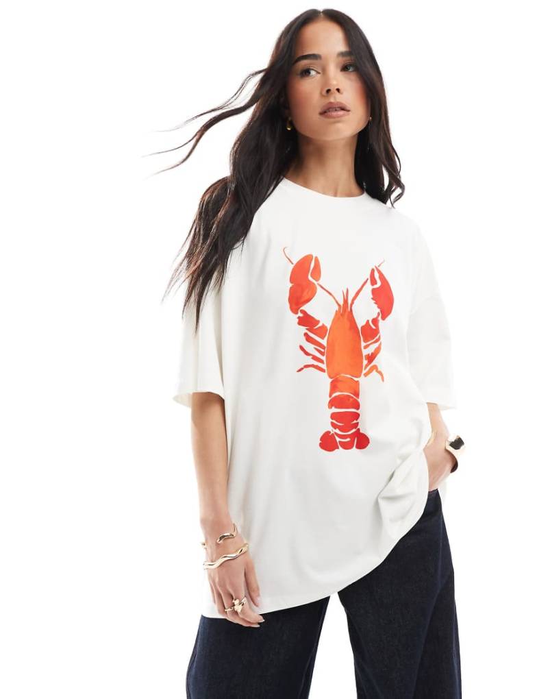 ASOS DESIGN - Oversize-T-Shirt in Ecru mit Hummergrafik-Weiß von ASOS DESIGN