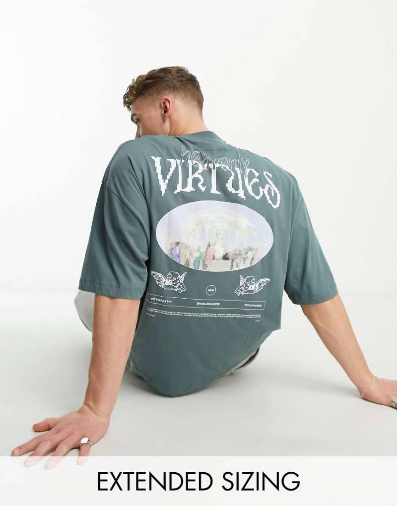 ASOS DESIGN - Oversize-T-Shirt in Grün mit „Virtues"-Textprint von ASOS DESIGN