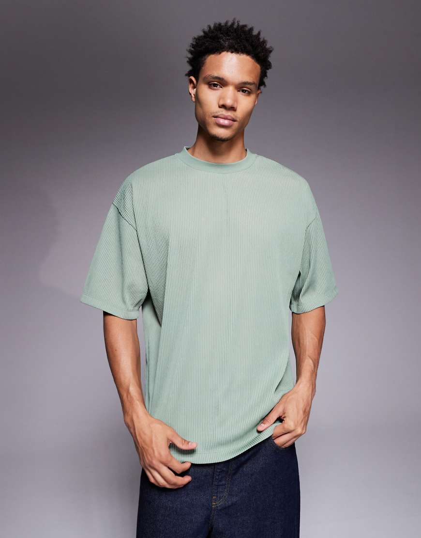 ASOS DESIGN - Oversize-T-Shirt in Grün mit Rippstruktur-Grau von ASOS DESIGN