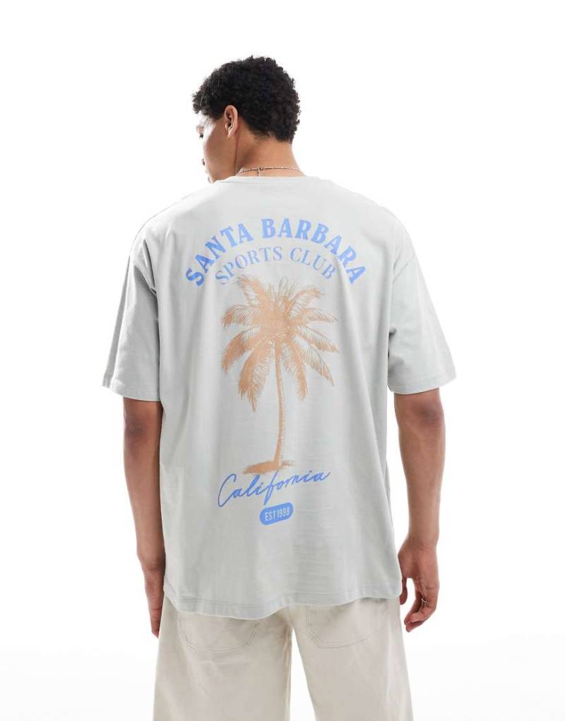 ASOS DESIGN - Oversize-T-Shirt in Hellgrau mit sommerlichem Palmen-Grafikprint von ASOS DESIGN