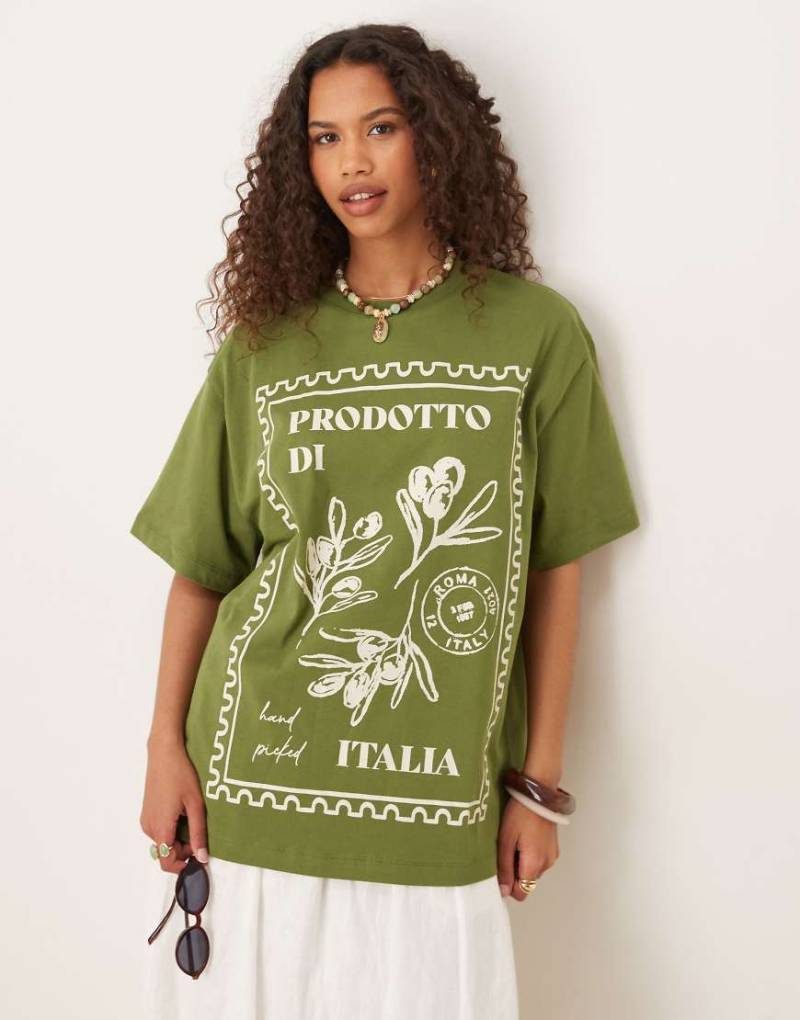 ASOS DESIGN - Oversize-T-Shirt in Khaki mit Italia-Blumen-Grafik-Grün von ASOS DESIGN