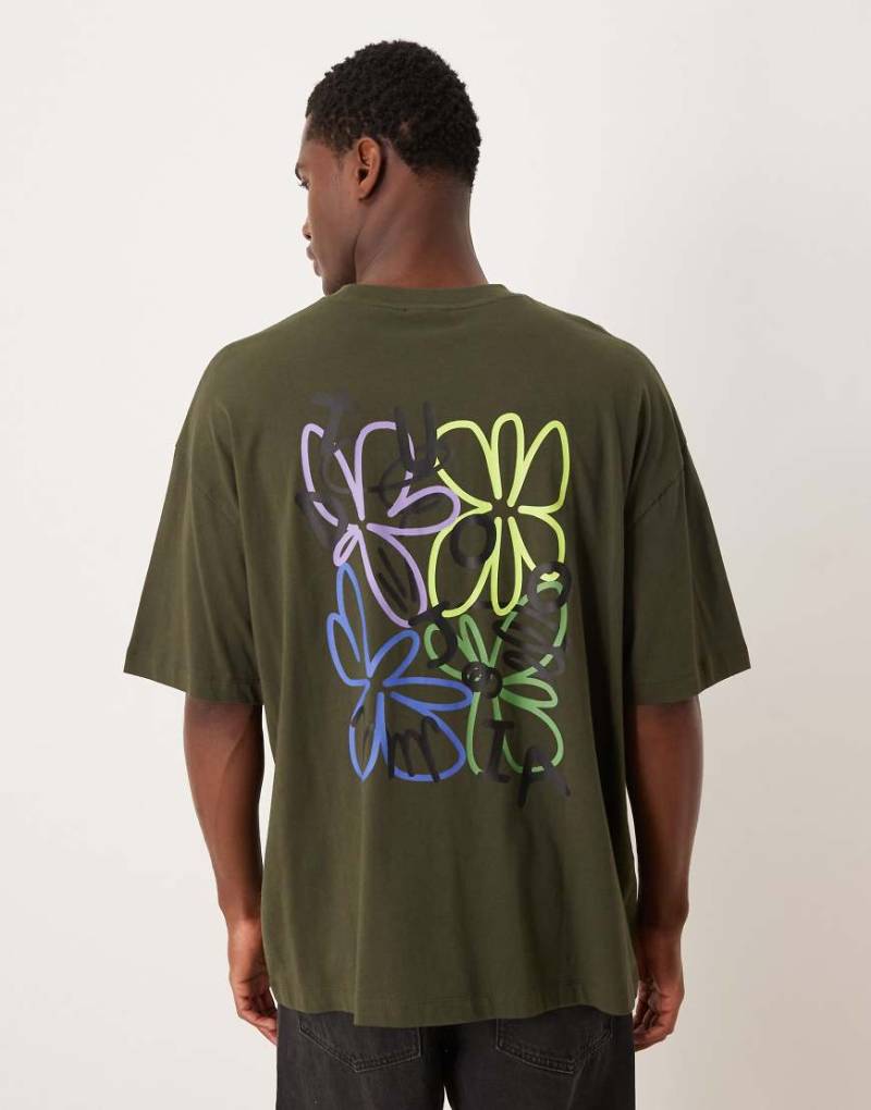 ASOS DESIGN - Oversize-T-Shirt in Khaki mit abstraktem Blumen-Grafikprint-Grün von ASOS DESIGN