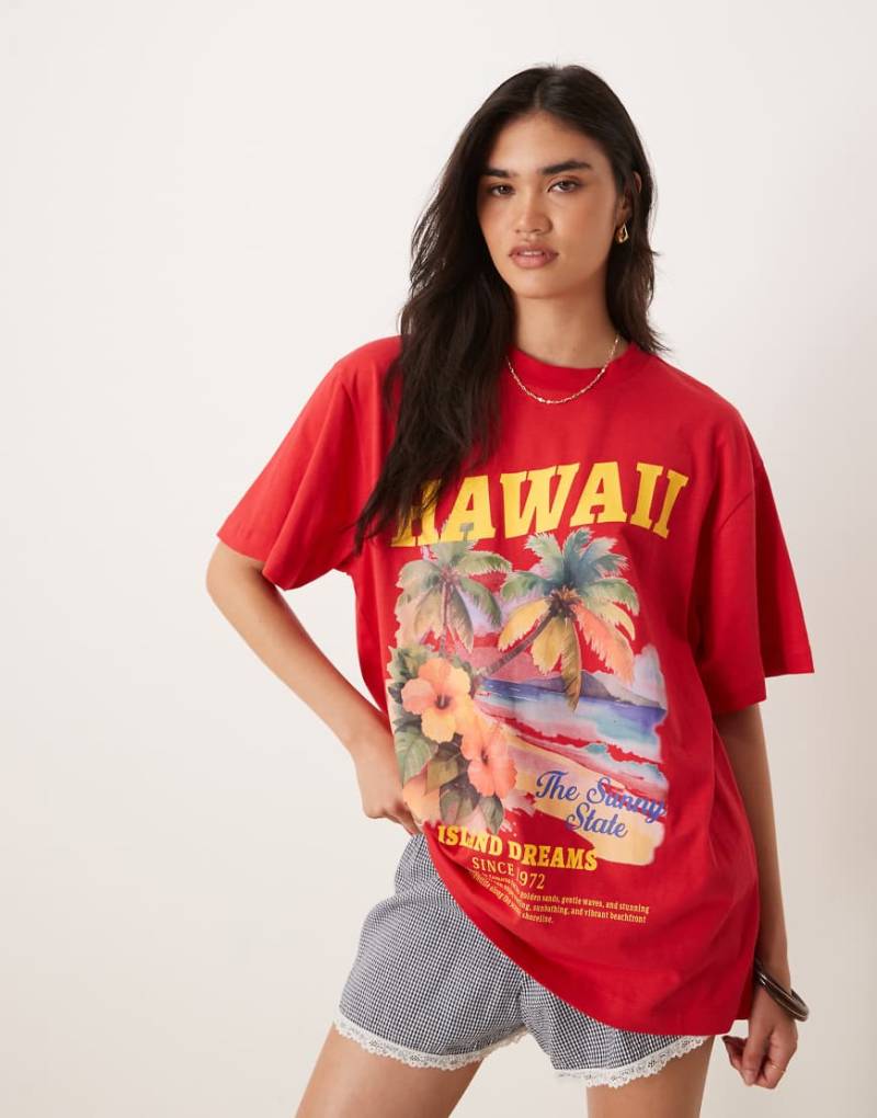 ASOS DESIGN - Oversize-T-Shirt in Rot mit „Hawaii"-Grafikprint von ASOS DESIGN