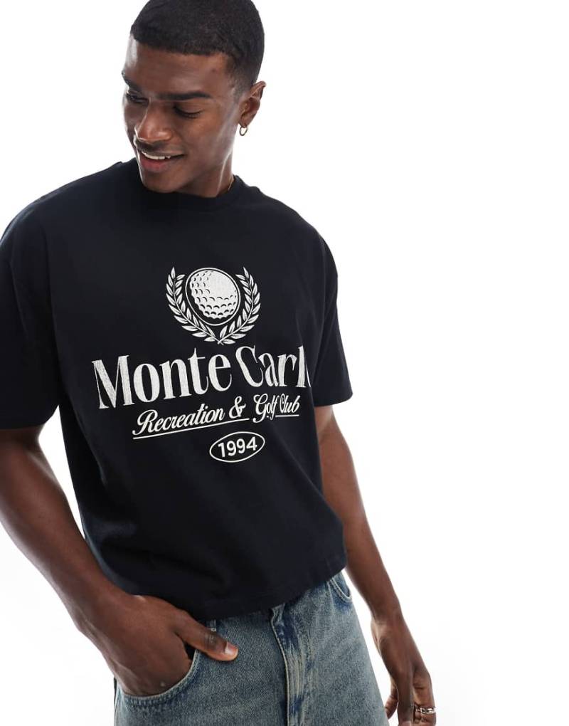 ASOS DESIGN - Kastiges Oversize-T-Shirt in Schwarz mit Golfsport-Print vorne von ASOS DESIGN