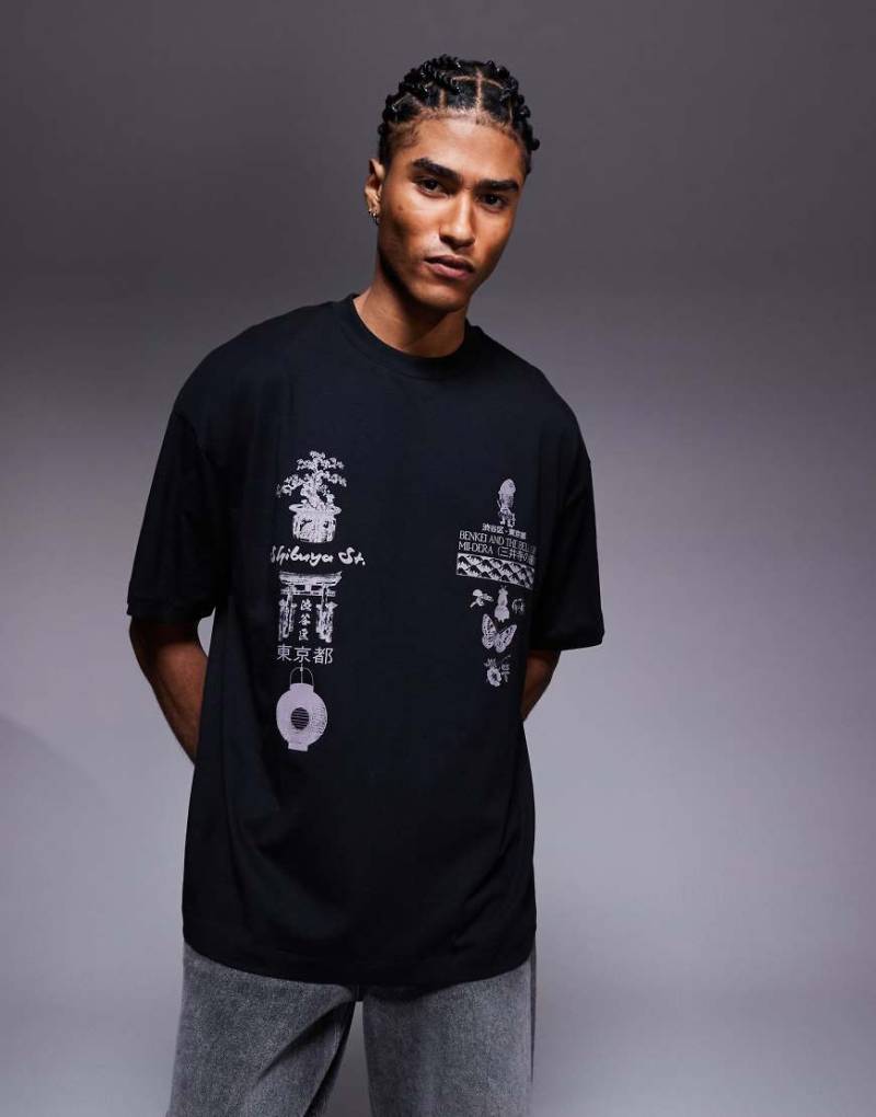 ASOS DESIGN - Oversize-T-Shirt in Schwarz mit verschiedenen Grafikprints von ASOS DESIGN