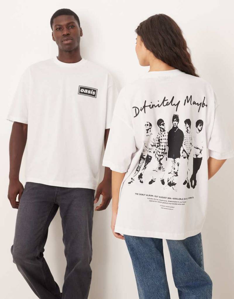 ASOS DESIGN - Oversize-T-Shirt in Weiß mit OASIS-Logo und „Definitely Maybe"-Print im Unisex-Stil von ASOS DESIGN