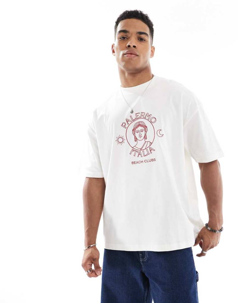 ASOS DESIGN - Oversize-T-Shirt in Wollweiß mit Hochsommer-Grafikprint von ASOS DESIGN