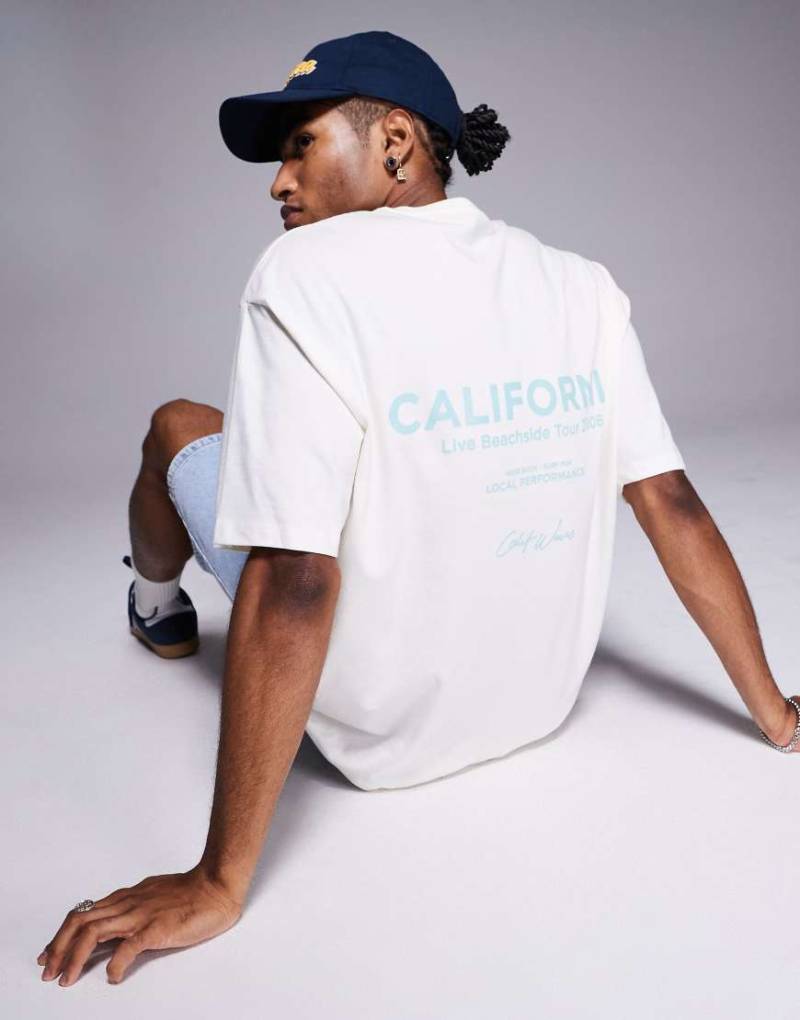 ASOS DESIGN - Oversize-T-Shirt in Wollweiß mit sommerlichem Print vorne und am Rücken von ASOS DESIGN