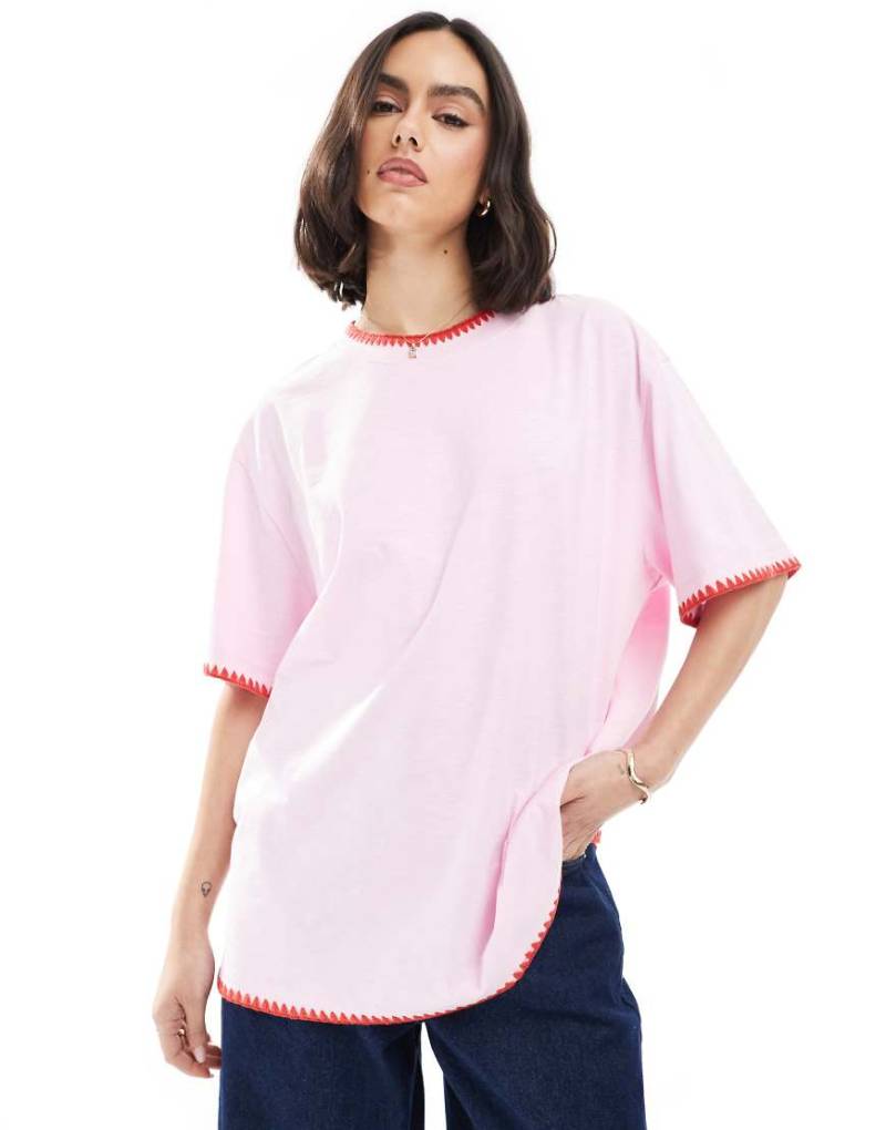 ASOS DESIGN - Oversize-T-Shirt in meliertem Rosa mit Zickzack-Detail ASOS DESIGN - Oversize-T-Shirt in meliertem Rosa mit Zickzack-Detail von ASOS DESIGN