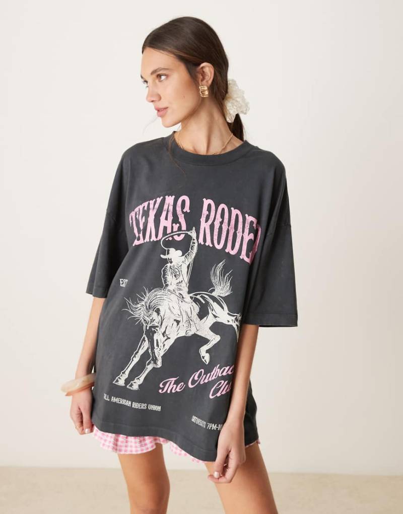 ASOS DESIGN - Oversize-T-Shirt in verwaschenem Anthrazit mit „Texas Rodeo"-Print-Grau von ASOS DESIGN
