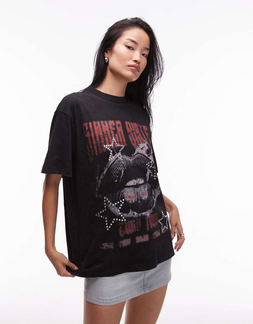 ASOS DESIGN - Oversize-T-Shirt in verwaschenem Anthrazit mit Band-Grafik-Grau von ASOS DESIGN