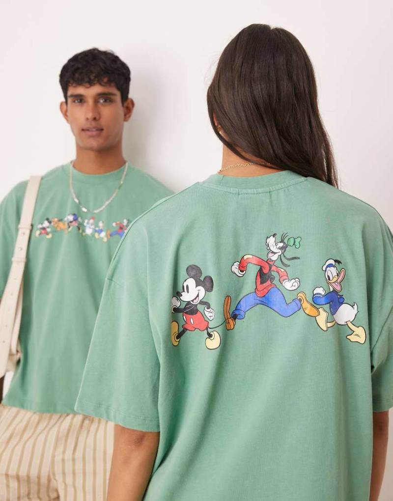 ASOS DESIGN - Unisex-T-Shirt in verwaschenem Grün mit Mickey-Maus-Print und Oversize-Schnitt von ASOS DESIGN