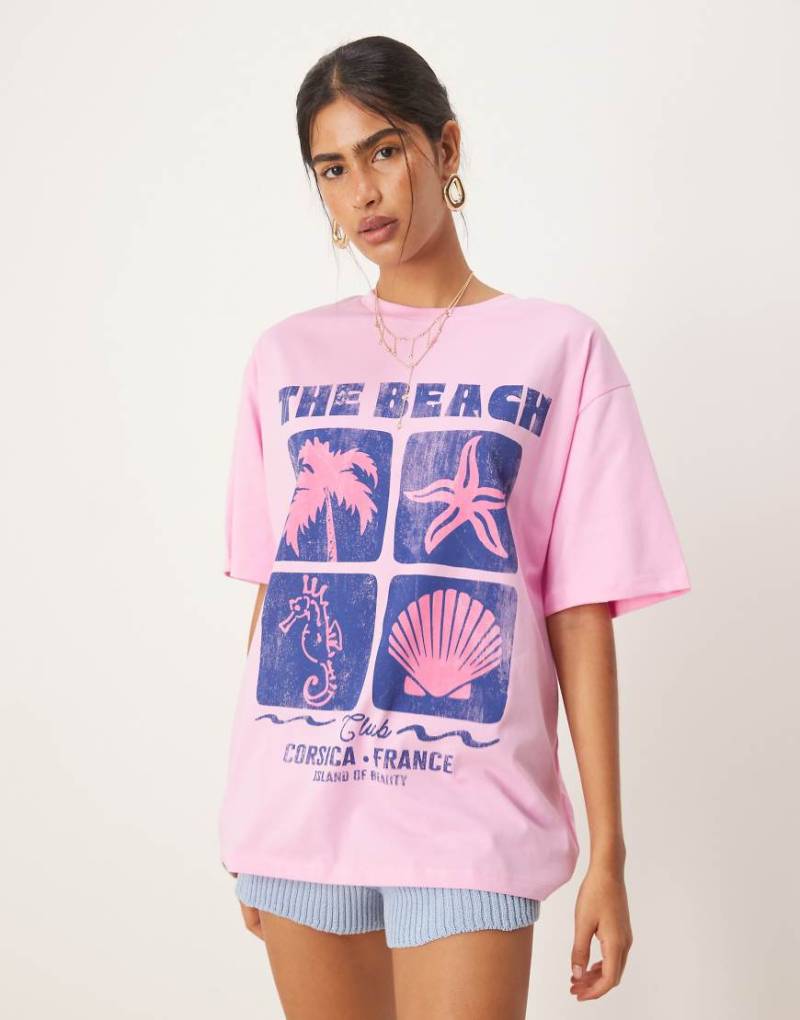 ASOS DESIGN - Oversize-T-Shirt in verwaschenem Rosa mit „Beach"- und Muschel-Print von ASOS DESIGN